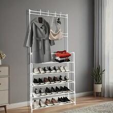 Prateleira de armazenamento para sapatos de metal de 31,5" de largura - Organizador multicamadas para sapatos, chapéus, bolsas e utensílios de cozinha - Móveis independentes para entrada/sala de estar/cozinha - Fácil montagem, sem necessidade de ferramentas, design compacto, resistente e durável, essencial para a casa