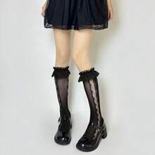 Benefeet Sox Lace Knee High Socks Women Girls Patterned Mesh Fishnet Knee High Stockings Hollow Calf Lolita Sock{"Color_name":"Black-LaceRuffleHeart"} - 黑色蕾絲荷葉邊心形 - 查看 4