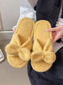 Pantuflas con lazo para mujer, unicolor, lindas y femeninas, antideslizantes, de tela suave, sandalias tipo slide para otoño/invierno