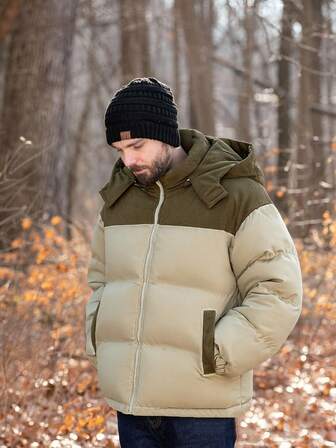 Men's Outdoor Padded Coat, Autumn/Winter, Minimalist Color Block Design, Fashionable Hooded, Comfortable Wear, Good Warmth, Suitable For Daily Outdoor Activities And Hiking