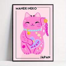 1pc Unframed Canvas Poster, Cartoon Art, Japanese Lucky Cat, Pink Bedroom Decoration, For Bedroom Living Room Corridor, Wall Art, Wall Decor, Winter Decor, Room Decoration - Multicolor - View 1