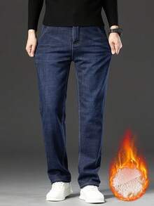 2025 New Winter Thermal Fleece-Lined Jeans Slim-Fit Thermal Fleece-Lined Jeans Casual Business Style Cotton Blend Fabric Preppy Aesthetic Everyday Wear Ideal For Cold Weather Stretch Design Solid Color Regular Length Washed Finish Zipper Fly Suitable For Mature Occasions The Perfect Gift Choice - 天藍色 - 查看 2