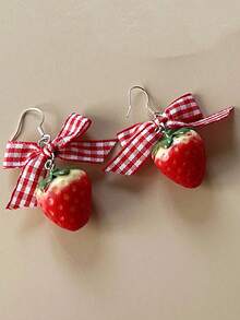 1 Paar süße Erdbeerkuchen Design Ohrringe mit Schleifendekor, Neuankömmling für Mädchen, Valentinstag, Mutter, Muttertag, Geschenk