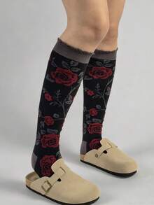 1 Pair Retro French Style Calf-Length Socks With Rose Embroidery, Elegant And Slimming, Suitable For Early Autumn