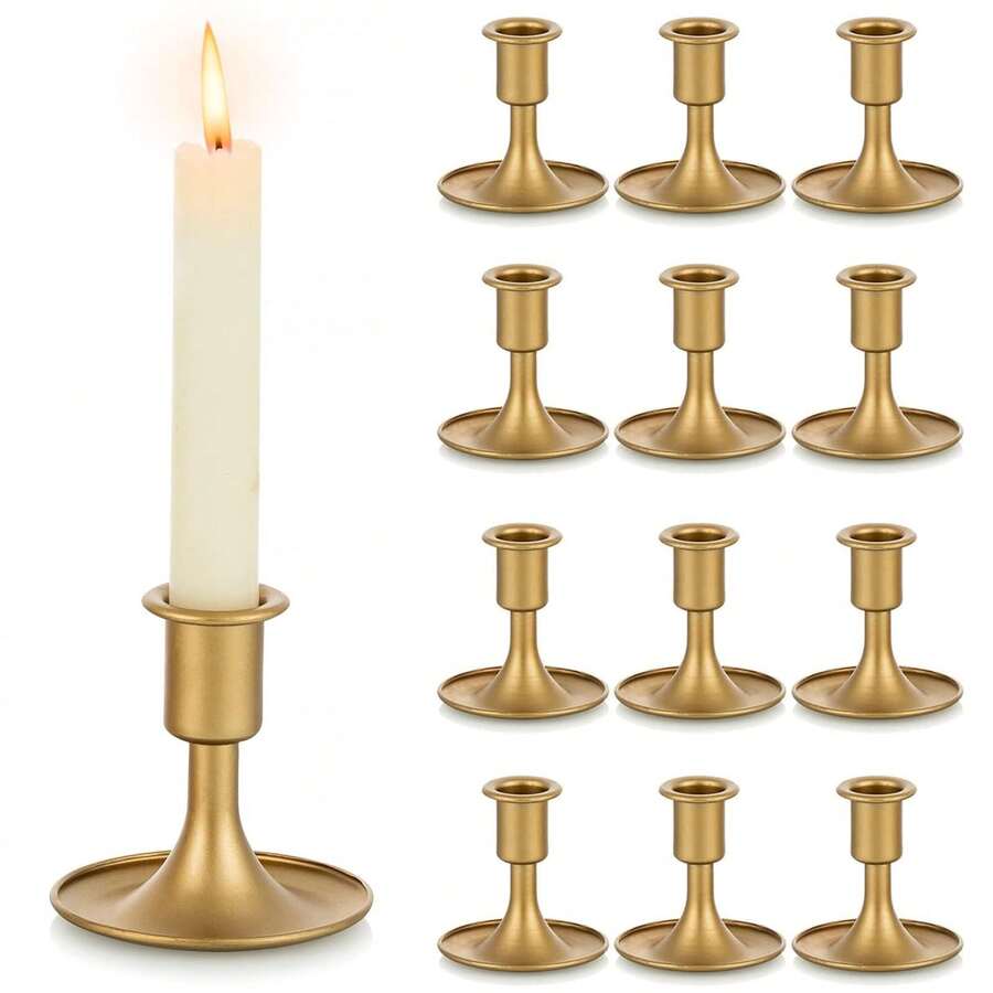 Gold Taper Candle Holder Set Of 2/6/12, Short Skinny Brass Candlestick Holders, Vintage Small Low Metal Candles Sticks For Wedding Centerpieces Christmas Birthday Party Holiday Dinning Table Decor
