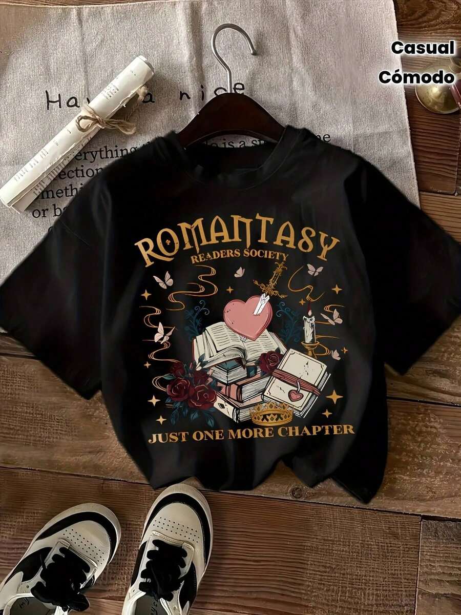 Camiseta de mujer con estampado de libro 'Solo un capítulo más' - Camiseta casual y cómoda de cuello redondo con mangas cortas, diseño de corazón y libro, perfecta para todas las estaciones, ropa casual | Camiseta gráfica juguetona | Ajuste cómodo