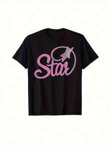 Camiseta gráfica retro de los 90 y 00 para hombres - Estética Y2K, algodón negro con diseño de estrella rosa, cuello redondo, manga corta, lavable a máquina, estilo bohemio, ropa de todas las estaciones, camiseta casual de moda de algodón - Negro - Ver 2