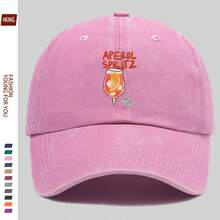1PC Women's Fun "Aperol Spritz" Cocktail Print Baseball Cap, Durable And Fashionable,  Hip-Hop Design, Black Papa Truck Driver Hat, Breathable And Comfortable, Solid Color Simple, Retro Soft Top Dome Brim Dad Hat, Adjustable Size, Unisex, Youth Couple Skateboard Hat, Men And Women Casual Clothing Accessories, Suitable For Outdoor Cycling, Sports, Hiking, Fishing, Vacation, Beach, Ideal Gift Hat For Parents - 粉色 - 查看 1