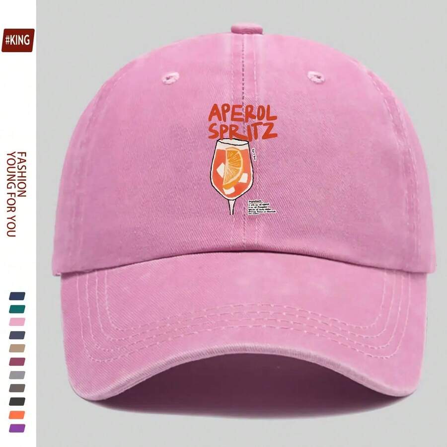 1PC Women's Fun "Aperol Spritz" Cocktail Print Baseball Cap, Durable And Fashionable, Hip-Hop Design, Black Papa Truck Driver Hat, Breathable And Comfortable, Solid Color Simple, Retro Soft Top Dome Brim Dad Hat, Adjustable Size, Unisex, Youth Couple Skateboard Hat, Men And Women Casual Clothing Accessories, Suitable For Outdoor Cycling, Sports, Hiking, Fishing, Vacation, Beach, Ideal Gift Hat For Parents - 粉色 - 查看 1