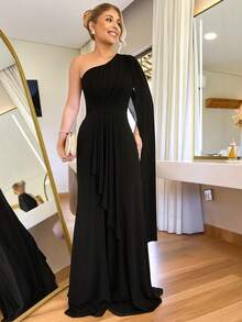 Women's Long Party Dress One Shoulder With Elegant Slit One Size M (Fits 38 To 42) Simple Elegant Party Beach Wedding, Bridesmaid And Graduation. - 黑色 - 查看 1