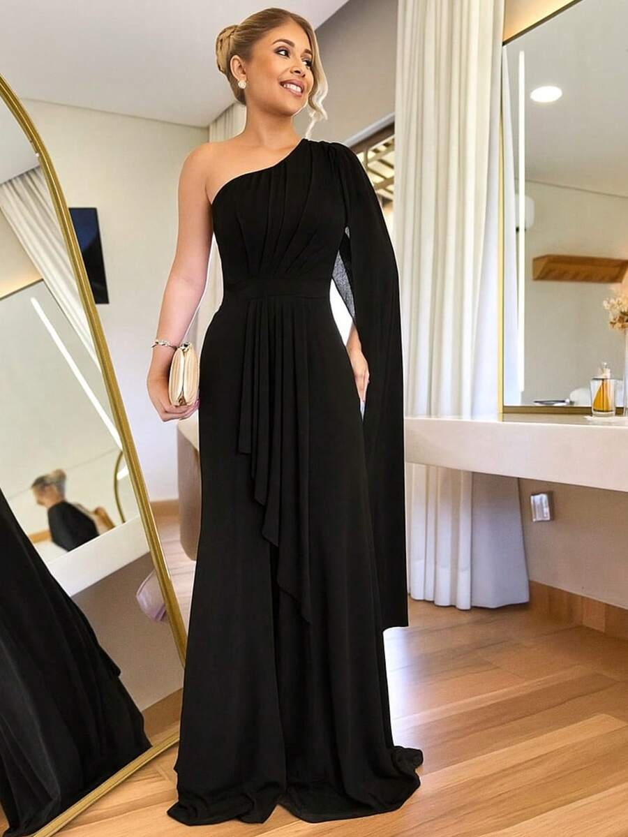 Women's Long Party Dress One Shoulder With Elegant Slit One Size M (Fits 38 To 42) Simple Elegant Party Beach Wedding, Bridesmaid And Graduation. - 黑色 - 查看 1