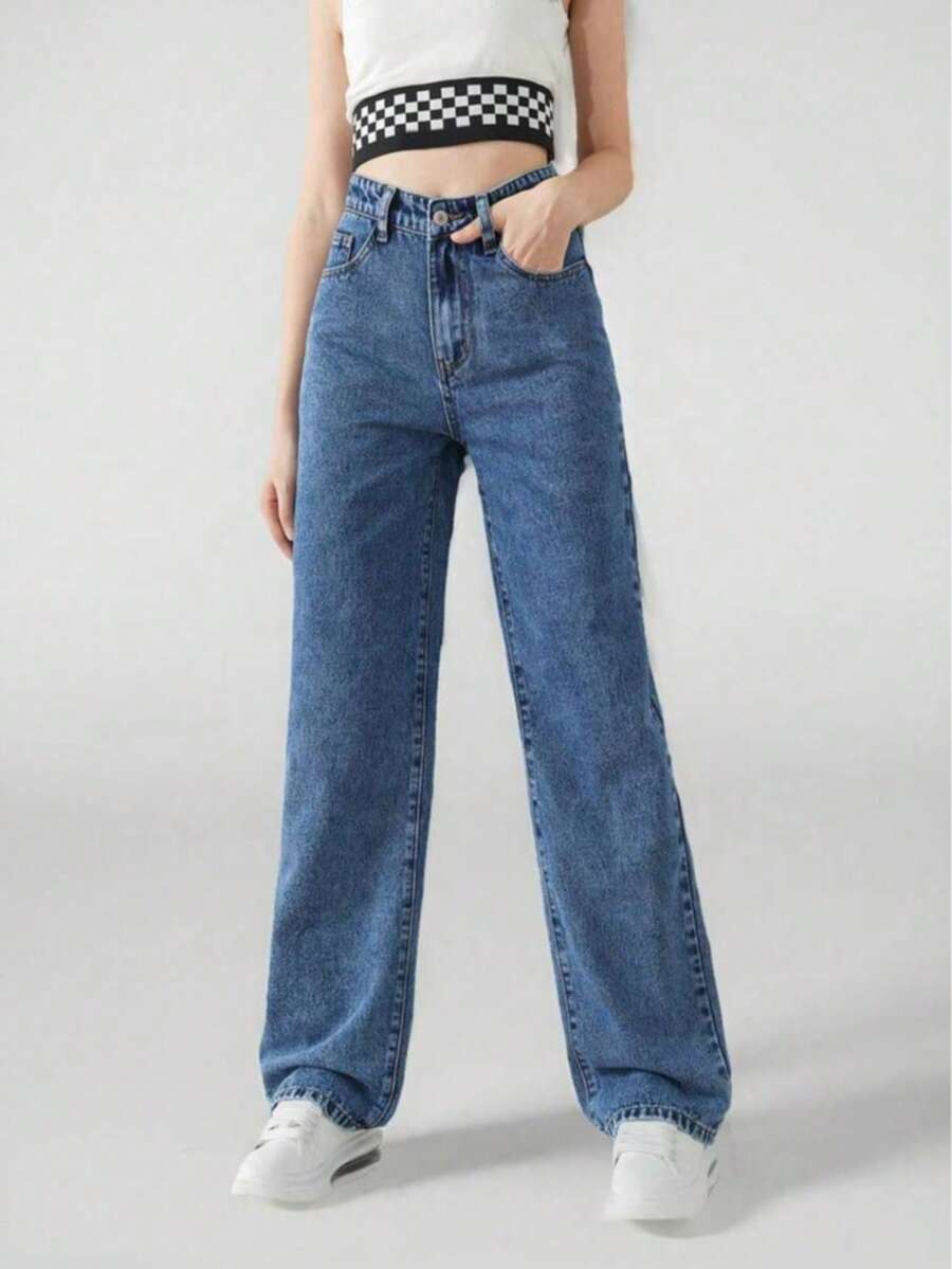 Calça Jeans Denim Reto de Lavagem Azul Simples e Versátil para Adolescentes meninas - Lavagem Média - Visão 1
