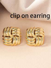 1 对时尚方形扭曲交叉缠绕夹式耳环女士复古几何编织纹理耳钉珠宝礼物 - clip - 查看 1