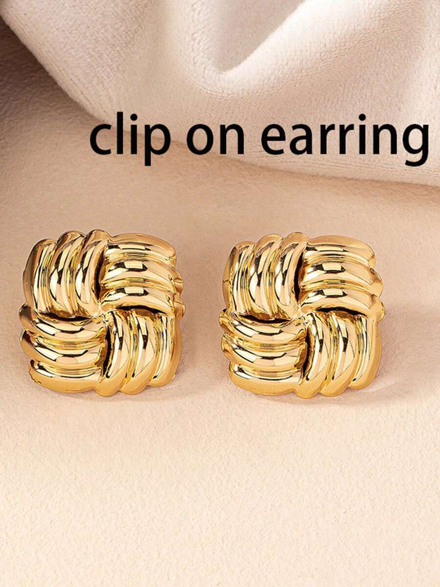 1 对时尚方形扭曲交叉缠绕夹式耳环女士复古几何编织纹理耳钉珠宝礼物 - clip - 查看 1
