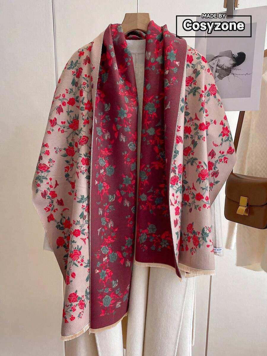 1 Khăn choàng/khăn choàng ấm áp bằng vải cashmere giả jacquard họa tiết hoa và cây thanh lịch, đa năng cho phụ nữ, thích hợp cho mùa thu/đông, phối đồ hàng ngày và trang trí cho trang phục - kaki đỏ - Xem 1