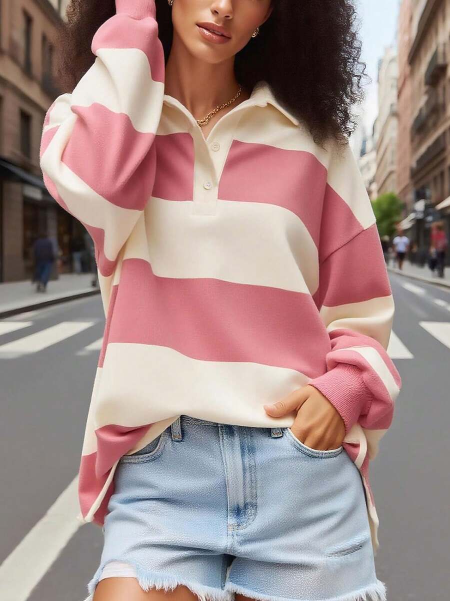 Rugby Shirt Women Striped Collared Long Sleeve Polo Shirts Oversized Color Block Sweatshirt Vintage Pullover Top - Hồng - Xem 1
