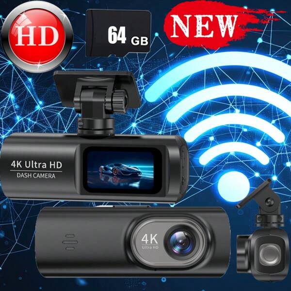 Cámara de salpicadero 4K WIFI Ultra HD, compatible con hasta 256GB, pantalla IPS de 3.73", sensor G incorporado, ángulo de visión de 170°, monitoreo de estacionamiento las 24 horas, rango dinámico amplio, visión nocturna, cámara frontal HD, grabación en bucle, compatible con 256GB, incluye tarjeta de memoria de alta velocidad de 64GB, cámara de salpicadero para automóvil, cámara de salpicadero para smartphone, video de alta calidad