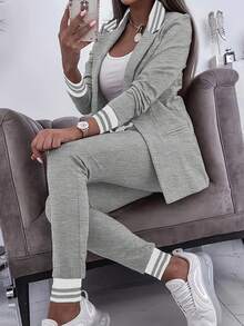 Women's Striped Casual Sports Long Sleeve Jacket And Pants Suit - Grey - View 3