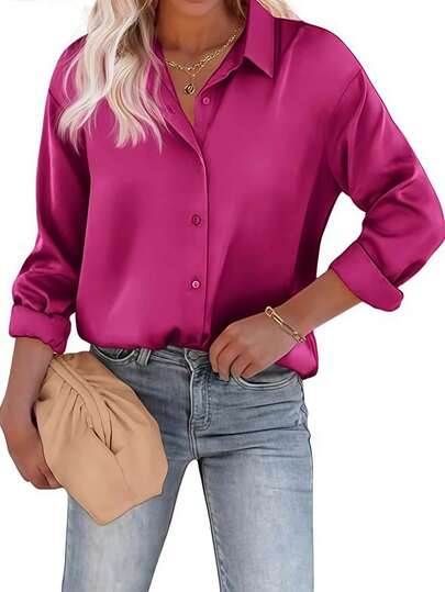 Women's Stylish Hot Pink Polyester Shirt Collar Button Front Long Sleeve Blouse Regular Fit
