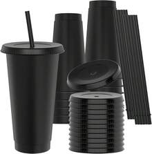 24/12Pack 24oz Plastic Cups With Lids And Straws, Sturdy & Iced Coffee Cups With Lid, Plastic Tumbler Reusable, Drinking Cups Cold Drinks, Milkshakes, Smoothies, Plastic Tumbler Iced Coffee Cup Travel Mug Party Cups Smoothie Birthday Sleepover Party Supplies - 黑色 - 查看 1