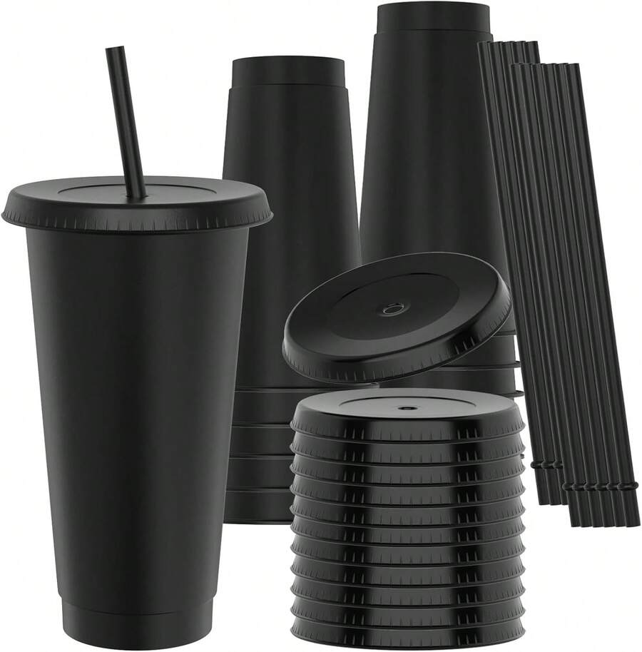 24/12Pack 24oz Plastic Cups With Lids And Straws, Sturdy & Iced Coffee Cups With Lid, Plastic Tumbler Reusable, Drinking Cups Cold Drinks, Milkshakes, Smoothies, Plastic Tumbler Iced Coffee Cup Travel Mug Party Cups Smoothie Birthday Sleepover Party Supplies - 黑色 - 查看 1