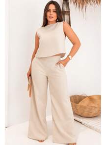 Conjunto Feminino em Linho Plus Size e Slim Alfaiataria Social M G G1 G2 Calça Pantalona e Blusa Elegante Confortável Look Social Elegante Verão - Bege - Visão 2