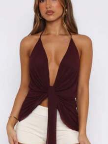 Women Solid Halter Neck Tops Slim Ruched Front Knot Sleeveless Open Back Shirts Summer Streetwear - 酒紅色 - 查看 2