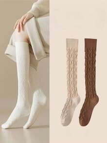 1/2/3/6 Pairs Women Thick Fleece Thigh High Socks, Cable Chain Design, Multi-Color Random, Fashion Versatile Over-The-Knee Socks Suitable For Daily Wear, Students, Girls, Autumn/Winter