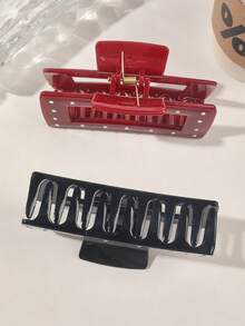 2 件亮面黑色和红色波尔卡圆点简约优雅大方形发夹，适合日常和茶会优雅发夹冬季发饰时尚发夹 - 2件套-波點方形 - 查看 5