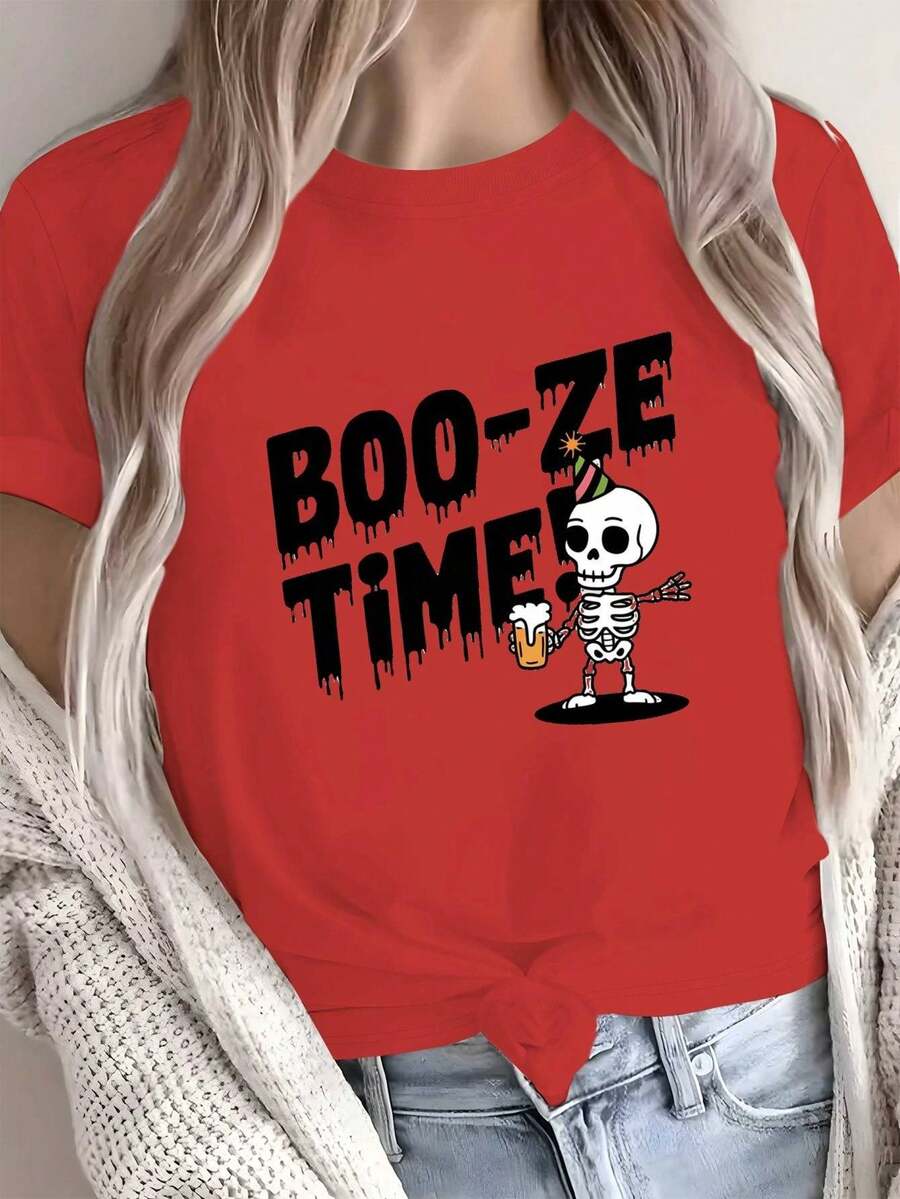 Camiseta de Mujer "Boo-ze Time" con Estampado Gráfico de Esqueleto y Boo - Roja con Letras Negras - 100% Camisa Corta para Fiestas, Halloween, Disfraces o Eventos Temáticos sobre Bebidas Alcohólicas. Atuendo Casual e Ideal Para Fiesta – Lavable a Mancha – Ropa Espeluznante Divertida Y Moderna. Diseño Relajado Apto Todo el Tiempo del año Con El Grafico BOO-ZE & Estructura Ósea. ¡Tejido Suave Transpirable!