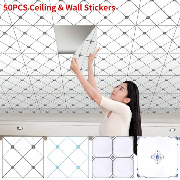 50 قطعة من بلاط السقف ذاتي اللصق بنقشة هندسية ماسية، مقاوم للماء وقابل للإزالة، ورق جدران لاصق، ديكور جداري أنيق، مقاس 11.8 * 11.8 بوصة، لغرفة المعيشة والنوم والمطبخ والحمام، ديكور المنزل، لون رمادي/أزرق لبلاط الأرضية