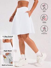 Women'S 2-In-1 High-Waist Mid-Length Tennis Skirt With Built-In Shorts Pocket - Quick-Dry Athletic Yoga Skirt, 20" Knee-Length Golf Skirt, Solid Color, All-Season Workout & Casual Wear, Workout Skirt, Sleek Design, Durable Fabric