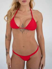 Ribbed Polyamide String Bikini With Thong And Marquinha - Đỏ - Xem 2