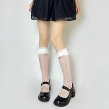 Benefeet Sox Lace Knee High Socks Women Girls Patterned Mesh Fishnet Knee High Stockings Hollow Calf Lolita Sock{"Color_name":"White-LaceRuffleFloralPattern"} - 白色蕾絲荷葉邊花卉圖案 - 查看 7