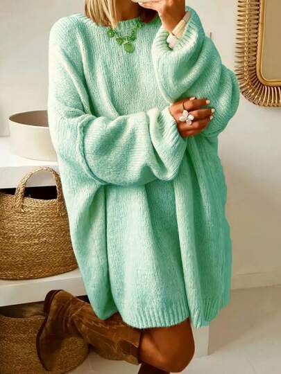 Plus Size Women Knitted Sweater, Elegant, Stylish, Loose Fit, Crew Neck, Long Sleeve, Solid Color, Suitable For Christmas, Autumn/Winter