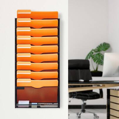 File Wall Rack, One-Piece 10 Pockets Mesh Wall File Holder, Wall Mounted Magazine Mail Paper & Document Storage Folder, Metal Wall File Organizer With Nametag Label, For Office Home & School