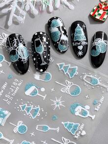 2 pezzi Adesivi per unghie decorativi natalizi e per Capodanno, con glitter blu, bicchiere di vino, cappello di Babbo Natale, palline di Natale, albero di Natale, decorazioni per unghie lucide e carine, adesivi per unghie fai-da-te, forniture per salone di manicure