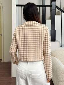 brightphoto 女士格子短款西装外套，长袖，假口袋，休闲常规版型，涤纶面料 - 駝色 - 查看 4