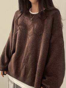 EAVA Fall/Winter Korean Style Minimalist Sweater Round Neck, Elegant Loose Fit Versatile Bell Sleeves Side Slit Pullover Knitwear For Women