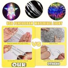 1, USB Powered, With Star Shaped Top Cover, Flashing Pentagram Waterfall Light, 8-Mode LED Light For Holiday Christmas Tree Decoration, Used For Holiday Gifts, Christmas Tree Decoration, Indoor Landscape, Background, Garden, Parties, Weddings, Dances, Carnival Activities, Full Of Vitality Lighting Decoration - Multicolor - View 8