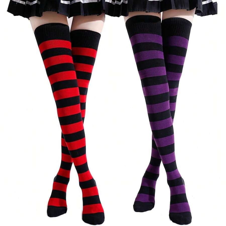 Kayhoma Extra Long Cotton Stripe Thigh High Socks Over The Knee High Socks{"Size_name":"Medium","Color_name":"Red/Black&Purple/Black"} - 紅/黑&紫/黑 - 查看 1