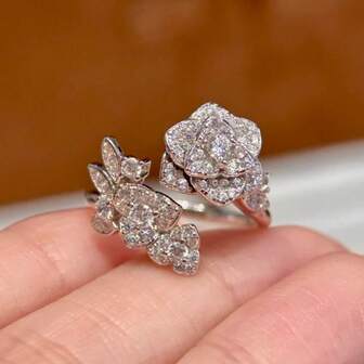 奢华优雅闪亮锆石山茶花镀白金女士开口戒指