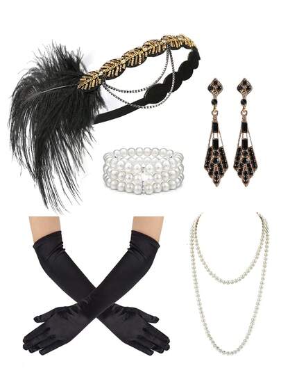 Conjunto de 5 piezas de accesorios de disfraz de estilo Flapper de los años 20 para mujeres, que incluye diadema de plumas, collar de perlas vintage, guantes, aretes de rhinestone y tocado de fiesta, adecuado para mujeres