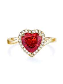 Gift Box Luxury Red Heart Cubic Zirconia Engagement Ring, Suitable For Wedding, Valentine's Day Gift For Lover - Gold + Ruby - View 2