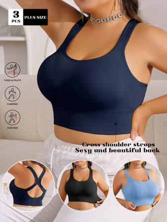 3pcs Plus Size Women Casual Sports Bras, Comfortable Wireless Criss-Cross Strap Sexy Open Back Removable Padded Bras