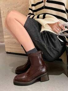 Fall/Winter Stretchy Ankle Boots, New Commuter Style Leather Square Toe Chunky Heel Back Zipper Skinny Boots,Elegant
