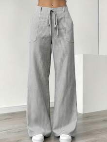 New Women's Slant Pocket Wide-Leg Pants, Casual Striped Print Loose Drawstring Waist Pants, Women's Sports Trousers - 灰色 - 查看 5
