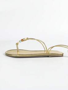 Sandalias planas con cordones de cuentas de colores y puntera redonda, simples y de moda, cómodas para uso diario, zapatos de mujer de punta abierta - Dorado - Ver 9