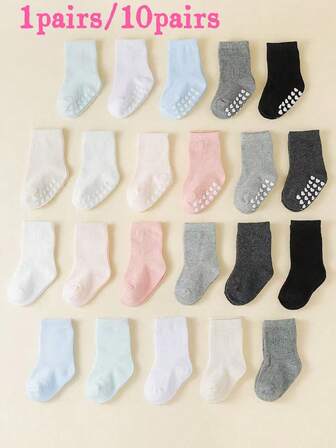10 Pairs Baby Socks, Solid Color Heart Dot Anti-Slip Toddler Crew Socks