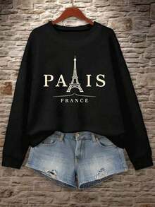 -2026Women's Plus Size Paris Eiffel Tower Graphic Sweatshirt - Heather Gray Casual Long Sleeve Round Neck Pullover, Machine Washable Autumn Winter French-Inspired Top, Everyday Comfort Apparel |     Opaque MaterialSoft And Breathable-Women's Long-Sleeved Sweatshirt.Women's Long-Sleeved Sweatshirt - 黑色 - 查看 7